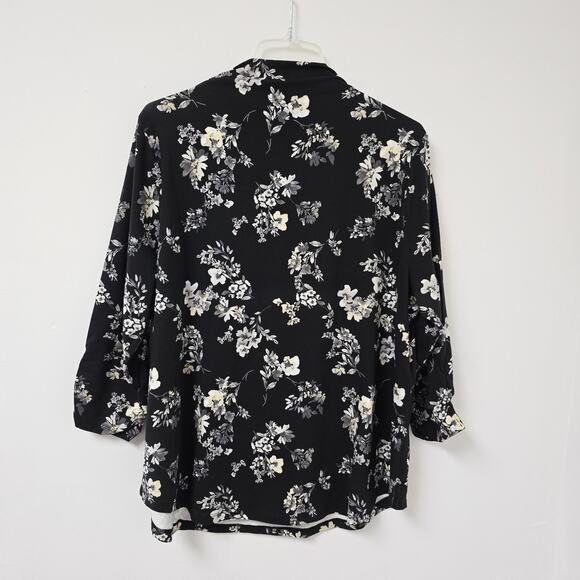 Isaac Mizrahi Live Top 1X Printed Floral Black Mock Neck Shirred 3/4 Slv Stretch - Picture 3 of 11